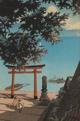 Antique Japanese Woodblock Print Kawase Hasui Chuzenji Temple in Utagahama. Antique Japanese 
