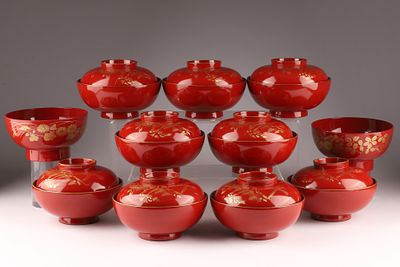 Set of 9 Chinese or Japanese Gilt Lacquer Lidded Bowls, 2 Bowls. Set of 9 Chinese or Japanese 