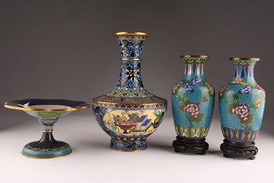 Lot of Four Chinese Cloisonne Vases. Lot of 4 Chinese Cloisonne Vases and compote. Largest 