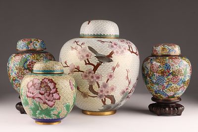Lot of Four Chinese Cloisonne Ginger Jars. Largest white ground with cherry blossoms measures 9 