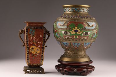 Lot of Two Chinese Archaic Style Cloisonne Champleve Vases. Rectangular vase has damage to rim 