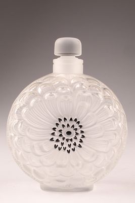 Lalique France Art Glass Dahlia Signed Vanity Jar / Perfume Bottle, measuring 5.25 inches H x 4 