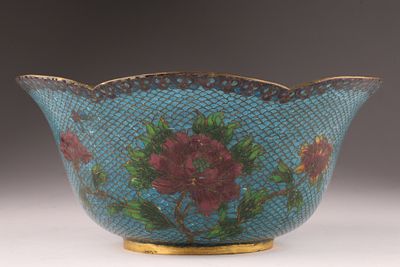 Chinese Plique a Jour Cloisonne Enamel Lobed Footed Bowl, 7 inches W x 3 H. Dent to foot on rim 