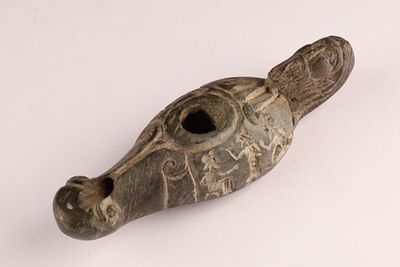 Antique Figural Roman Grey Ware Pottery Oil Lamp. Antique Figural Roman Grey Ware Style Pottery 