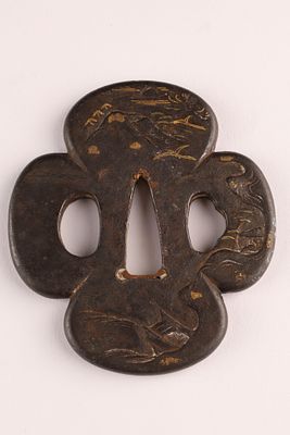 Antique Japanese Bronze Inlaid Mixed Metals Tsuba / sword guard decorated with a landscape 