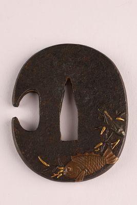 Antique Japanese Bronze Inlaid Mixed Metals Tsuba with fish decoration, measuring 2 x 1.75 inches.