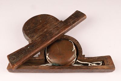 Antique Bronze Pocket Scale in Wood Case, measuring 7 inches L x 3 W x 1 H.