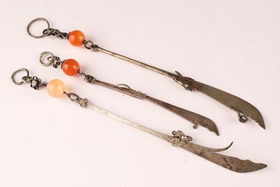 Lot of 3 Antique Chinese Silver Opium Pipe Tools. With Carnelian beads, longest measures 7 inches.