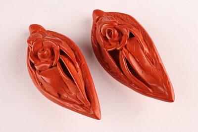 Pair Chinese Carved Cinnabar Flower Earrings. Pair Chinese Carved Cinnabar Flower Clip on 
