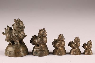 Set Antique Burmese Bronze Opium or Gold Weights Foo Lions. Largest measures 1.5 inches H.