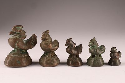 Set Antique Burmese Bronze Opium or Gold Weights Birds. Largest measures 2.5 inches H