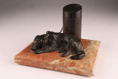 Bronze Inkwell Sculpture of a Dog on Marble Plinth, measures 6 inches W x 5 deep x 4 H.