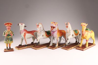 Collection of Vintage Indian Carved Circus Animals and Man. Collection of Vintage 1960s-70s 