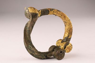 19th C African Hinged Bronze and Gold Leaf Cuff Bracelet / Manilla Currency Bracelet