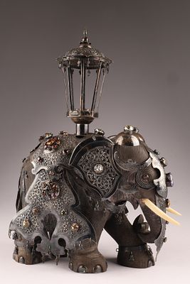 Large Antique Ebony & Sterling Jewelled Sri Lankan Elephant Kandy Festival. An ornately carved 