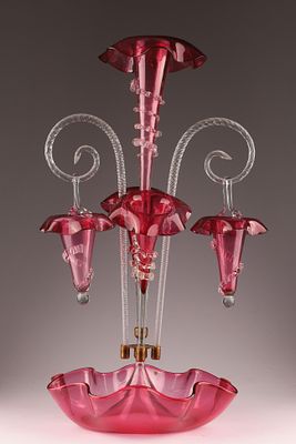 Antique Victorian Cranberry Glass Epergne Centrepiece. Large antique Victorian cranberry glass 