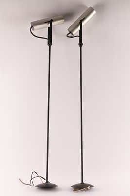 Pair Of Mid Century Lightolier Spotlight Pendant Ceiling Lights / Fixtures, black and brushed 
