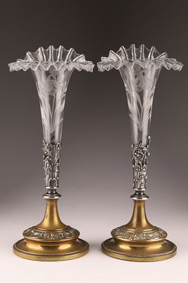 Pair of Antique Victorian Silver Plated and Etched Glass Epergne Vases. With crimped, ruffled 