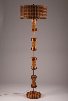 Mid Century 1950s Marquetry Wooden Floor Lamp with Teak Woven Shade. Mid Century 1950s Marquetry 