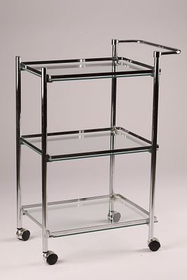 Mid Century Chrome and Glass Tiered Rolling Bar Cart. Measuring 30 inches H x 21 W x 14.5 deep.