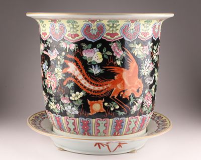 Antique Chinese Famille Noir Fishbowl Planter with Saucer. Antique Chinese Famille Noir Painted 