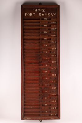 C. 1940s HMCS Fort Ramsay Sandy Beach Gaspe Quebec In/Out Sign with sliding covers and hand 