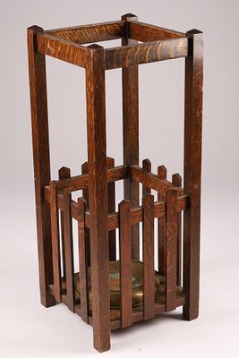 Antique Arts and Crafts Quarter Sawn Oak Umbrella Cane Stick Stand with brass drip tray. 