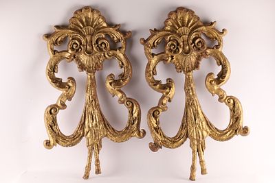 Pair of Hollywood Regency Rococo Style Ornate Gilt Wall Decorations. Pair of Hollywood Regency 