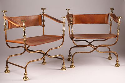 Pair of Mid Century Italian Leather and Brass Curule Savonarola Chairs. Pair of Italian Leather 