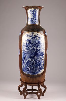 Very Large Antique Japanese Blue and White Floor Vase, Brown and Gilt Decoration, baluster form 