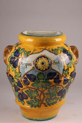 Large Italian Terracotta Majolica Glazed Acqua Fortis Jar Planter Urn. Flat on one side 