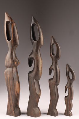 Set of 4 African Hand Carved Ebony Biomorphic Human Figures Sculptures, family. Measuring 11 