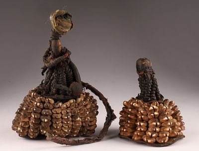 Lot Antique African Benin Yoruba Cowrie Shell and Leather Ritual Ibori / Ori Inu. Lot of 2 