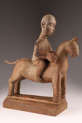 African Carved Hardwood Figural Group Rider on Horseback. Repairs, as shown. Measuring 11 