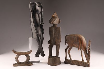 Lot of African Carved Figural Objects. Elephant measures 9 inches, man measures 8 inches 