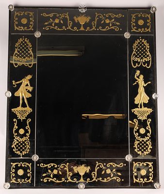 Art Nouveau Venetian Style Gold Etched Glass Mirror with Glass Florets. Art Nouveau 