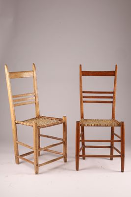 Pair of Antique Quebec Babiche Ladder Back Rabbit Ear Chairs.
