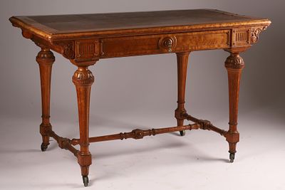 Antique English Regency Birds Eye Maple Carved Writing Desk with Carved Legs and Stretchers on 