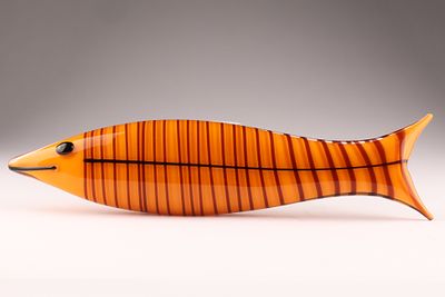 VENINI KEN SCOTT Murano Art Glass Fish Sculpture, Orange with Stripes. This Venini fish 
