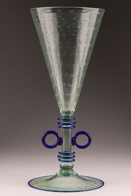 RARE VENETIAN UMBERTO BELLOTTO Art Glass Tall Flute Vase, Blue Coils. Designed by Umberto 