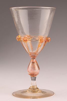 SALVIATI Attributed Venetian Glass Wine Goblet, Pink Flowers with Gold Inclusions. Attributed to 