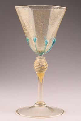 SALVIATI Attributed Venetian Glass Wine Goblet, Dot Decor. Attributed to Salviati, this Venetian 