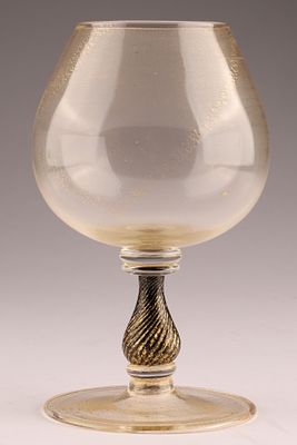 VINTAGE Venetian Art Glass Brandy Snifter, Gold fleck with Black Knop. This Venetian wine glass 