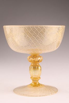 ANTIQUE Venetian Merletto Lace Glass Stemmed Coupe, Amber with Gold. This Venetian wine glass 