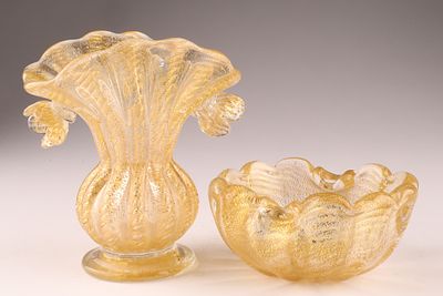 BAROVIER & TOSO Cordonato D'oro Murano Glass Set, Gold. These two Barovier &amp; Toso pieces 