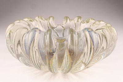 BAROVIER 1930s Iridati Heavy Fluted Art Glass Bowl, Clear with Gold Inclusions. This Barovier 