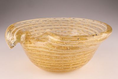 BAROVIER & TOSO Murano Zebrati Textured Glass Bowl, Amber and Gold. This Barovier &amp; Toso 