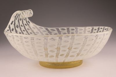 MID-CENTURY Murano Latticino Ruffled Glass Footed Bowl. This Murano footed bowl dates to the 