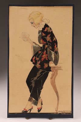 Andre Bermond (French, early 20th c.) Elegant Woman Reading, Art Deco Watercolour. A refined Art 