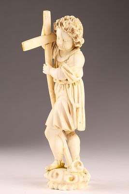 18th C Italian Finely Carved Statue, Child Holding Cross. 18th C Italian Finely Carved Statue 